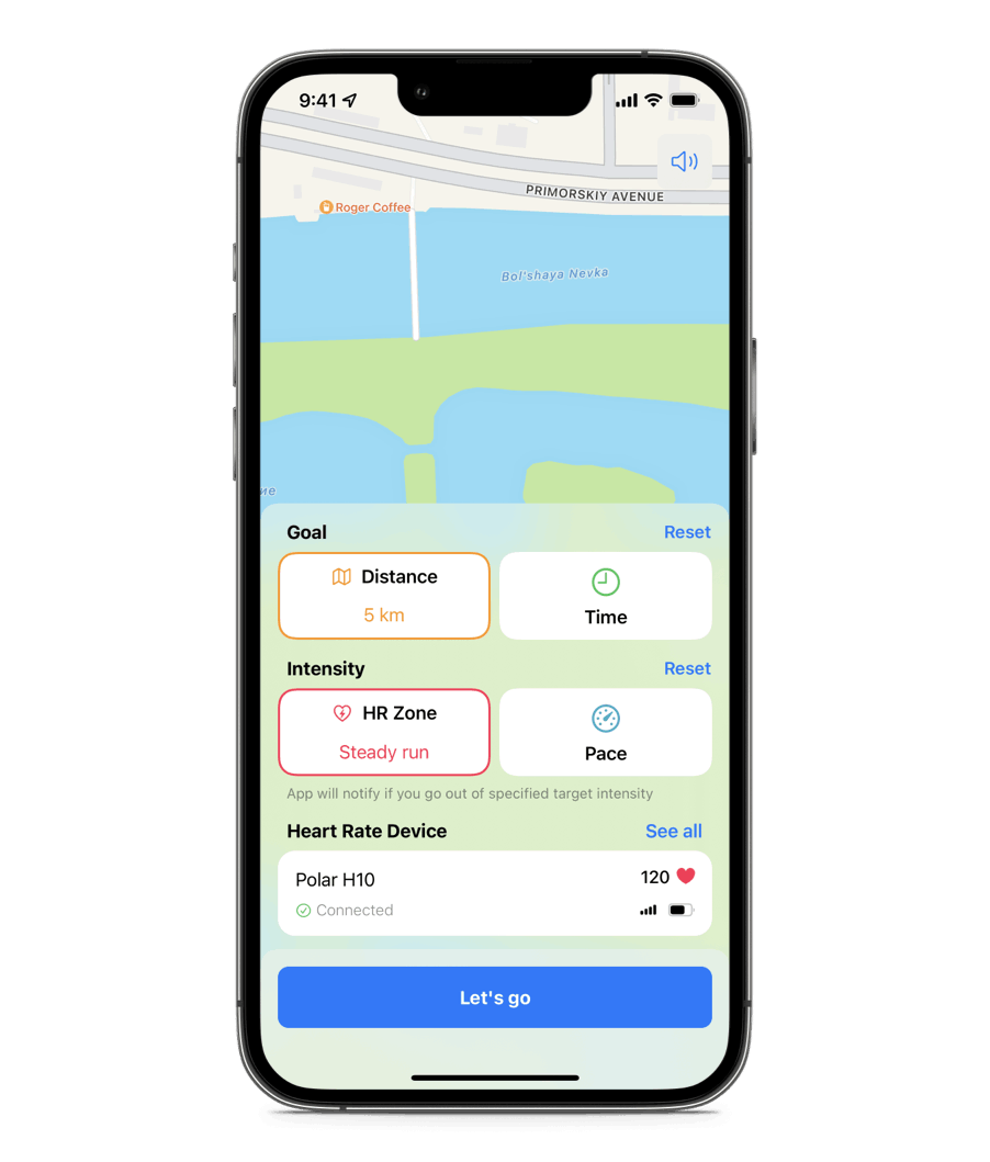 Workout configuration screen with goal and intensity settings