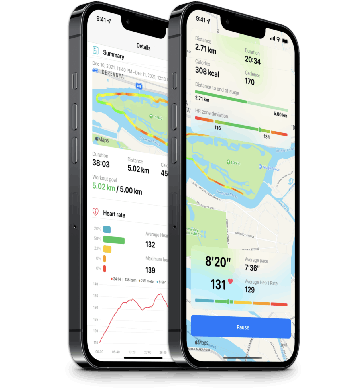 Two iPhones with Pro Runner: a workout summary with charts and a live run on the map